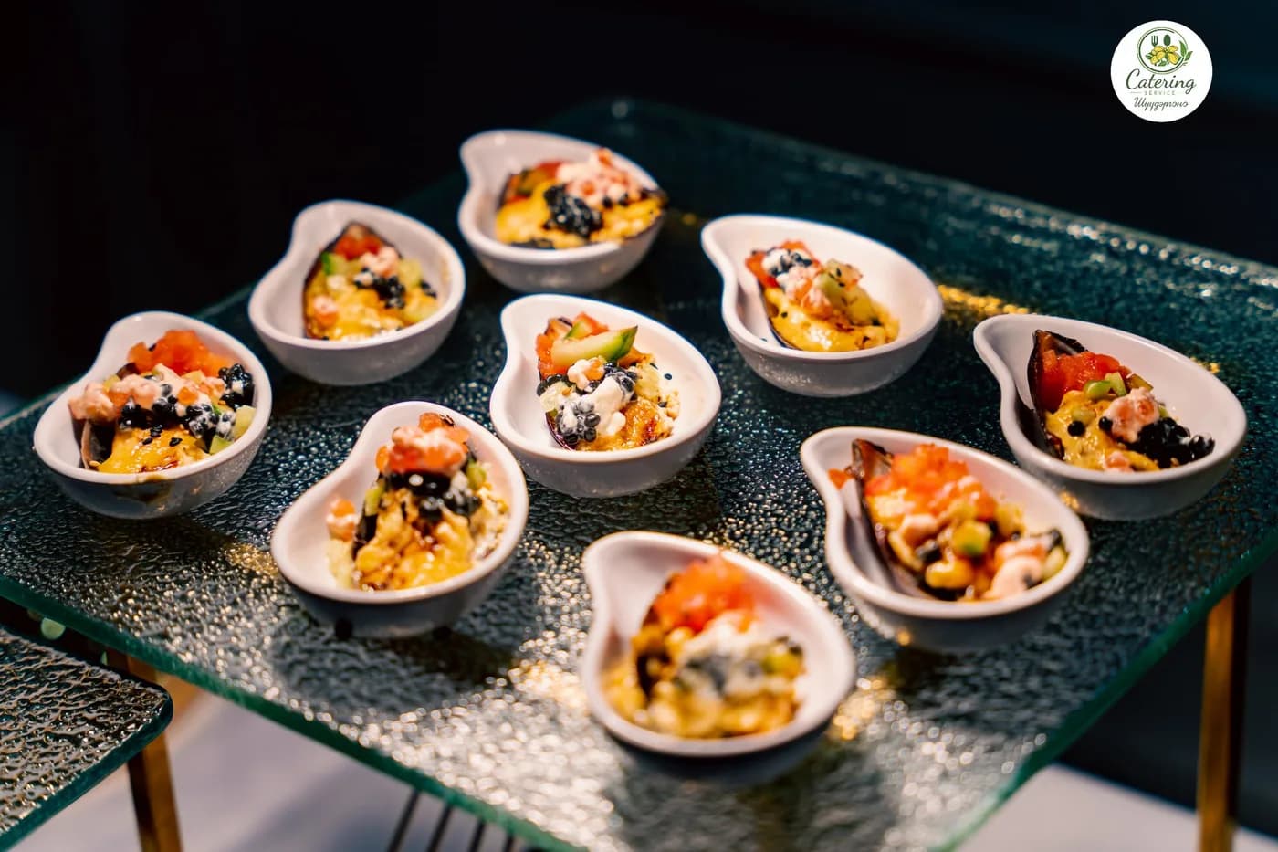 Appetizer bowls on glass tray