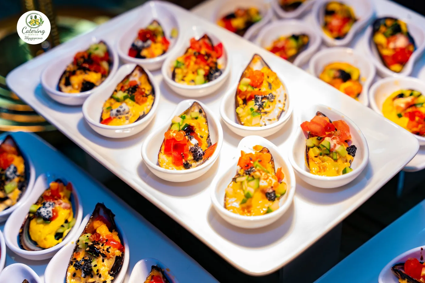 Appetizer bowls on white tray